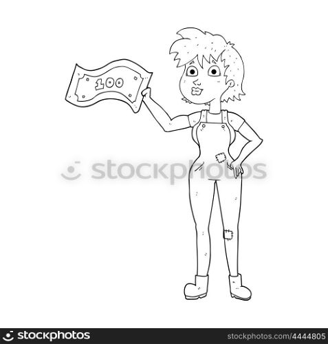 freehand drawn black and white cartoon confident farmer woman with money