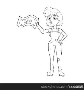 freehand drawn black and white cartoon confident farmer woman with money