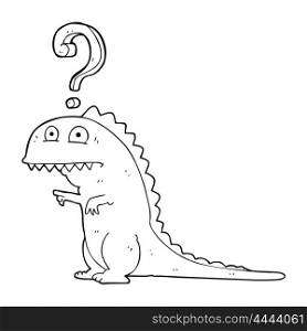 freehand drawn black and white cartoon confused dinosaur
