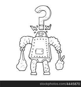 freehand drawn black and white cartoon confused robot carrying shopping
