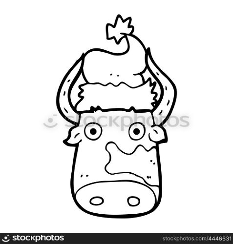 freehand drawn black and white cartoon cow wearing christmas hat