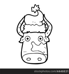 freehand drawn black and white cartoon cow wearing christmas hat