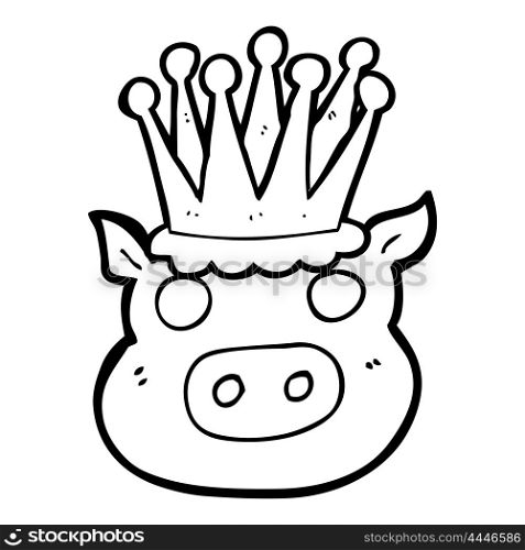 freehand drawn black and white cartoon crowned pig