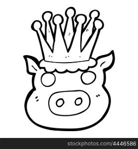 freehand drawn black and white cartoon crowned pig