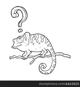 freehand drawn black and white cartoon curious chameleon