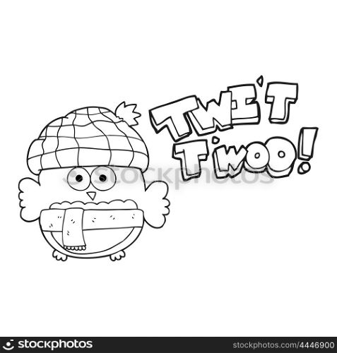 freehand drawn black and white cartoon cute owl saying twit twoo