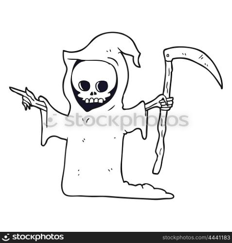 freehand drawn black and white cartoon death with scythe