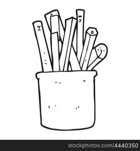 freehand drawn black and white cartoon desk pot of pencils and pens