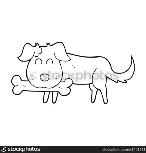 freehand drawn black and white cartoon dog with bone