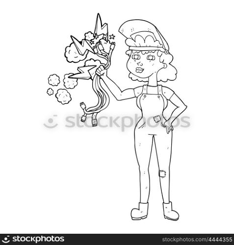 freehand drawn black and white cartoon electrician woman