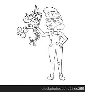 freehand drawn black and white cartoon electrician woman