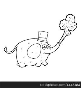 freehand drawn black and white cartoon elephant squirting water