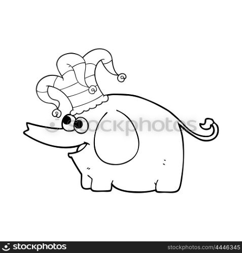freehand drawn black and white cartoon elephant wearing circus hat