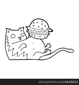 freehand drawn black and white cartoon fat cat with burger