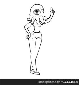 freehand drawn black and white cartoon female alien with raised hand