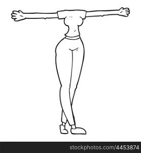 freehand drawn black and white cartoon female body with wide arms