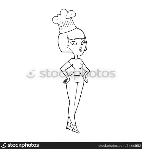 freehand drawn black and white cartoon female chef
