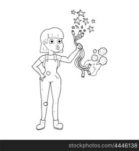 freehand drawn black and white cartoon female electrician