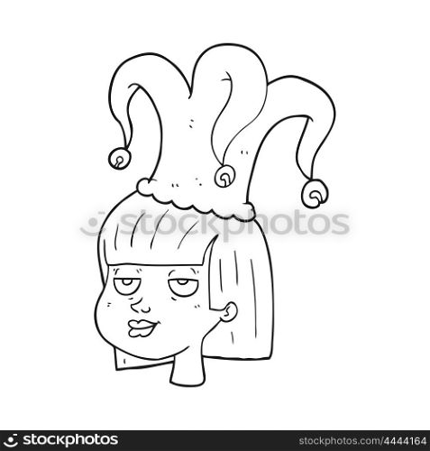 freehand drawn black and white cartoon female face with jester hat