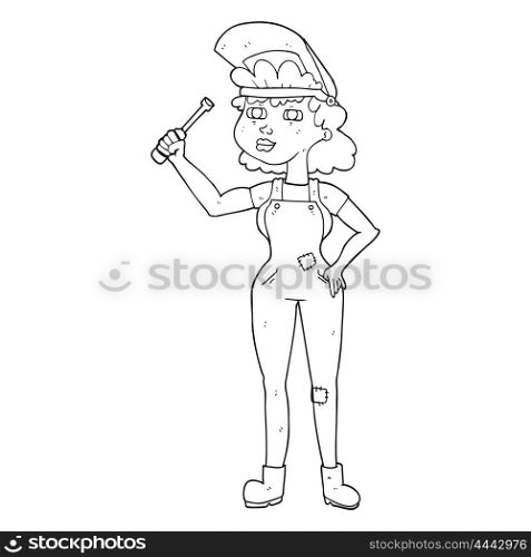 freehand drawn black and white cartoon female mechanic