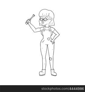 freehand drawn black and white cartoon female mechanic
