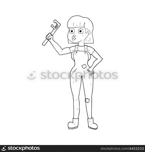 freehand drawn black and white cartoon female plumber