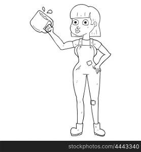 freehand drawn black and white cartoon female worker with coffee mug