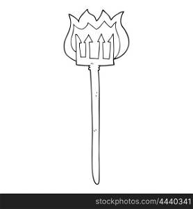 freehand drawn black and white cartoon flaming devil fork