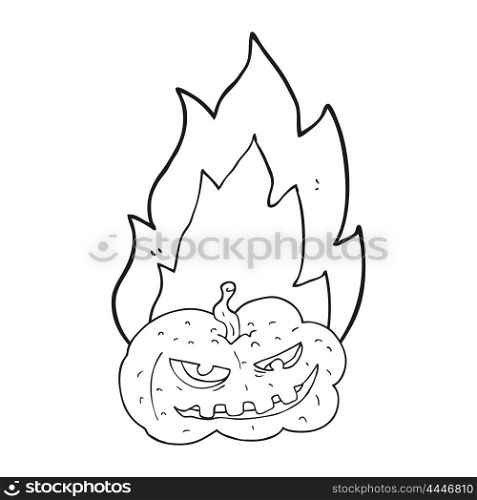freehand drawn black and white cartoon flaming halloween pumpkin