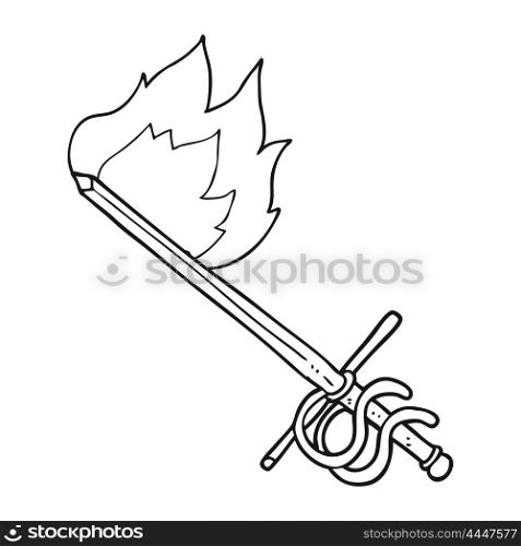 freehand drawn black and white cartoon flaming sword