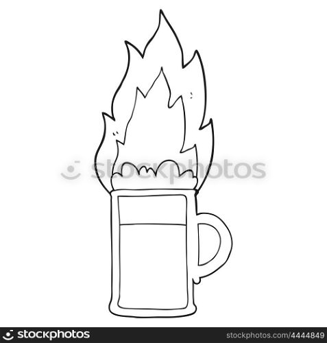freehand drawn black and white cartoon flaming tankard of beer