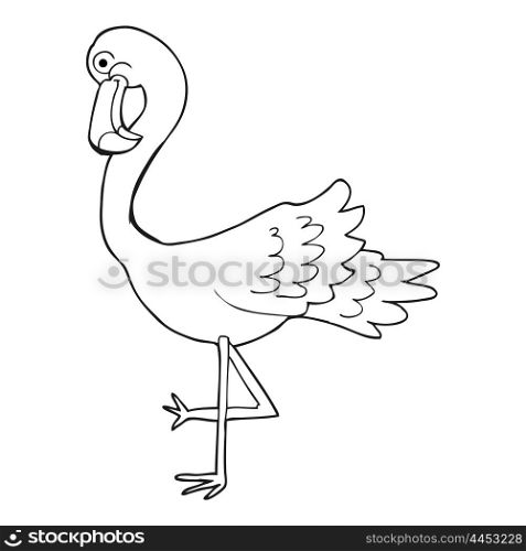 freehand drawn black and white cartoon flamingo