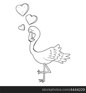 freehand drawn black and white cartoon flamingo in love