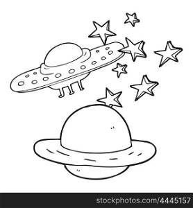 freehand drawn black and white cartoon flying saucer and planet
