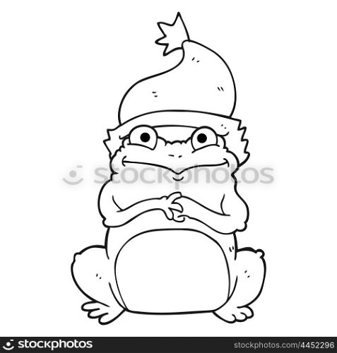 freehand drawn black and white cartoon frog wearing christmas hat