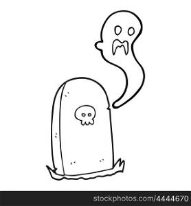 freehand drawn black and white cartoon ghost rising from grave
