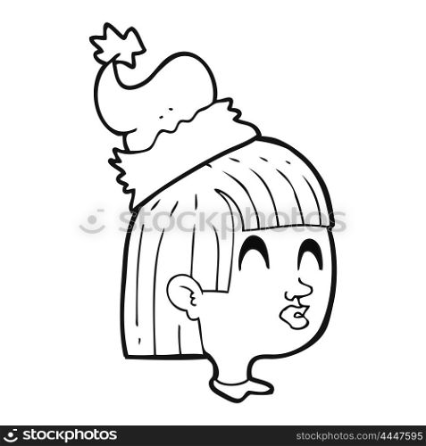 freehand drawn black and white cartoon girl wearing christmas hat
