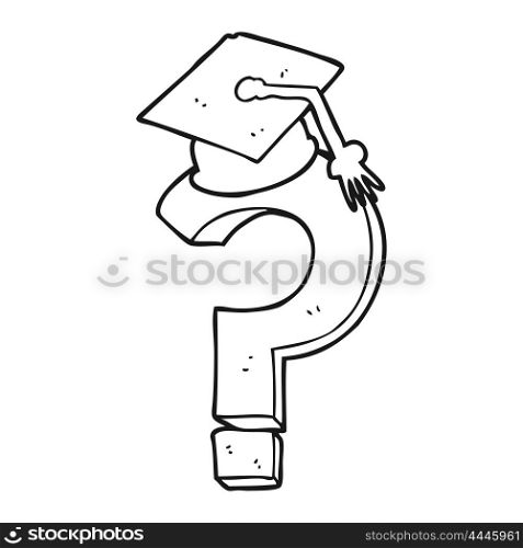 freehand drawn black and white cartoon graduation cap on question mark
