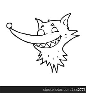 freehand drawn black and white cartoon grinning wolf face