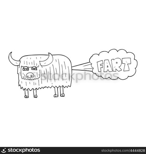 freehand drawn black and white cartoon hairy cow farting