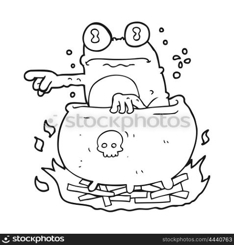 freehand drawn black and white cartoon halloween toad in cauldron