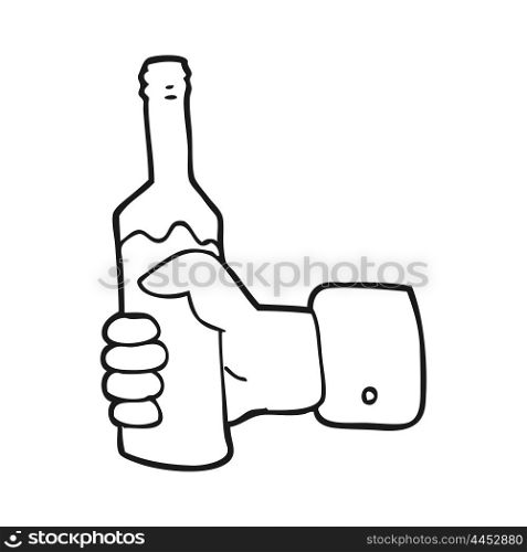 freehand drawn black and white cartoon hand holding bottle of wine