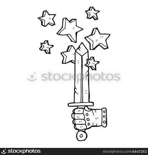 freehand drawn black and white cartoon hand holding magic sword