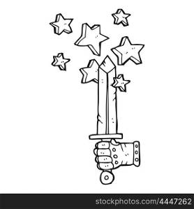 freehand drawn black and white cartoon hand holding magic sword