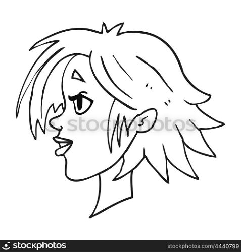 freehand drawn black and white cartoon happy female face