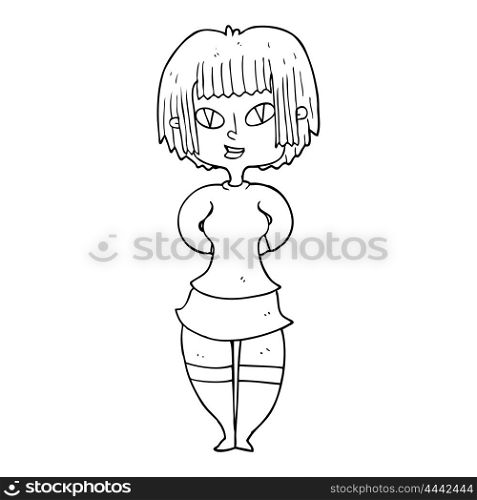 freehand drawn black and white cartoon happy woman