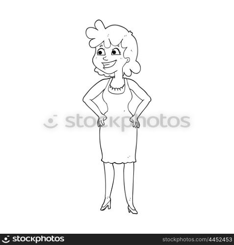 freehand drawn black and white cartoon happy woman wearing dress