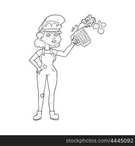 freehand drawn black and white cartoon hard working woman with beer