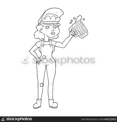 freehand drawn black and white cartoon hard working woman with beer