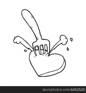 freehand drawn black and white cartoon heart stabbed by fork